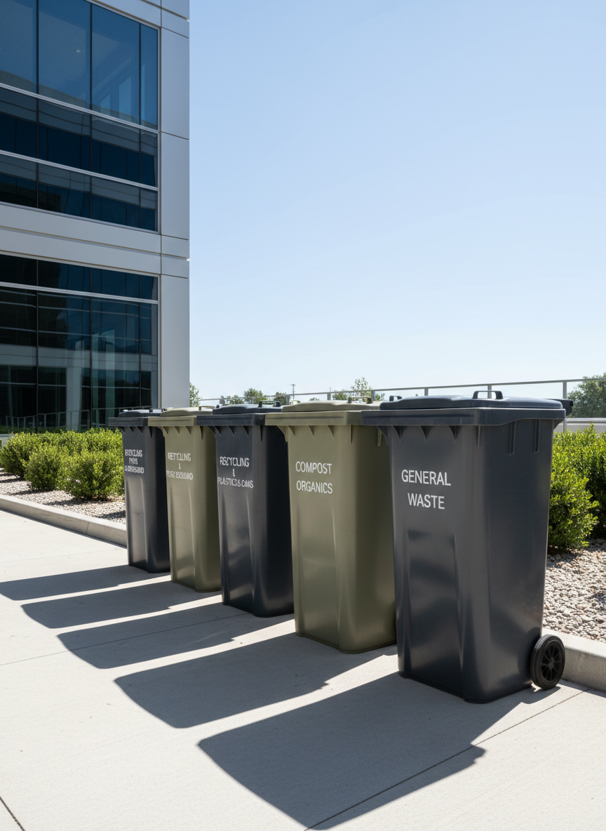 A row of clean, uniformly labeled recycling and waste bins positioned on a tidy, paved loading area at the back of a modern office building, each bin constructed from smooth, matte plastic in neutral shades of slate gray and soft khaki. The orderly environment is accented by trimmed landscaping and a clear, unobstructed sky. Bright midday natural sunlight creates crisp, well-defined shadows and highlights that reinforce the scene's structure. Photographed from a low-angle perspective to accentuate the arrangement's symmetry and balance, the image delivers a feeling of environmental responsibility, professionalism, and corporate organization in line with a high-quality junk removal service.
